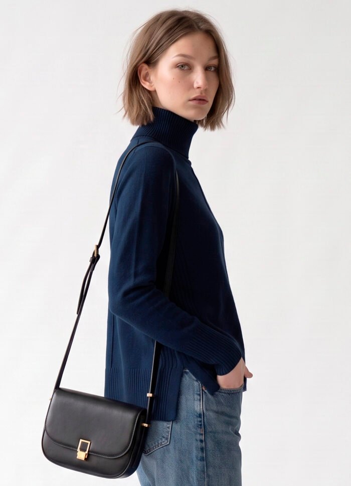 Blusa de Tricot Gola Alta Rolê Marinho Solta em Viscose Modal Sob - Imagem 7
