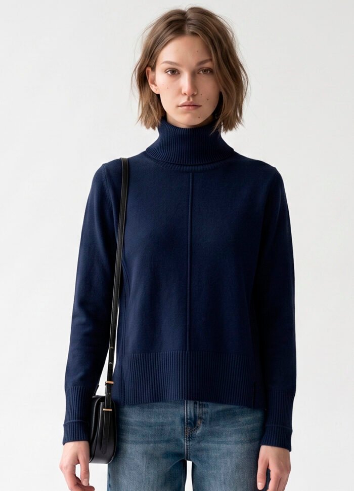 Blusa de Tricot Gola Alta Rolê Marinho Solta em Viscose Modal Sob - Imagem 6