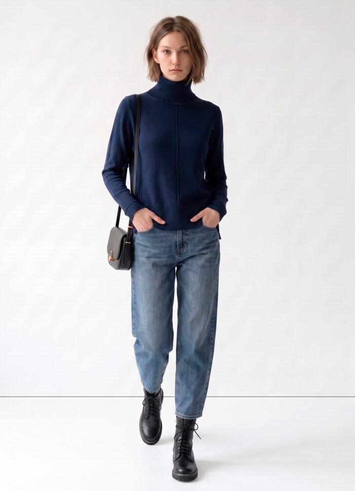 Blusa de Tricot Gola Alta Rolê Marinho Solta em Viscose Modal Sob - Imagem 4