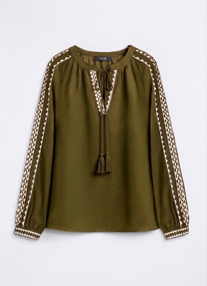 Blusa Verde Kaki Bordada Manga Longa de Algodão Boho Sob - Imagem 3