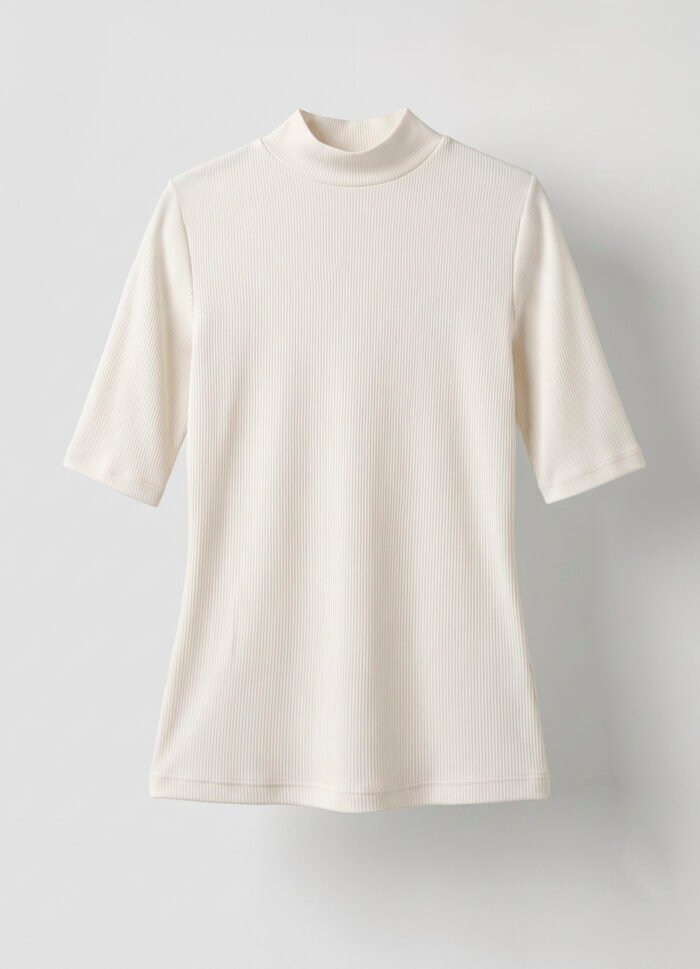 Blusa Off White Manga Curta Viscose Canelada Justa Gola Alta Sob - Imagem 6