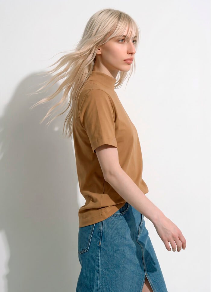 Blusa Bege Caramelo Manga Curta Gola Alta Algodão Premium Sob - Imagem 2