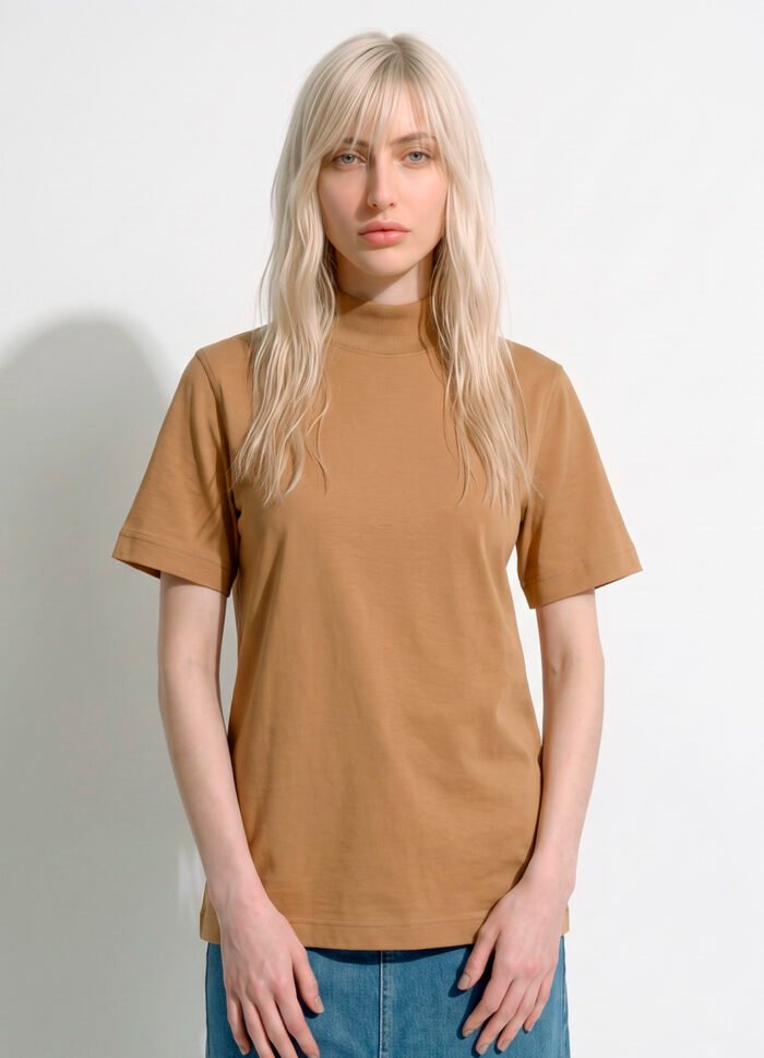 Blusa Bege Caramelo Manga Curta Gola Alta Algodão Premium Sob - Imagem 6