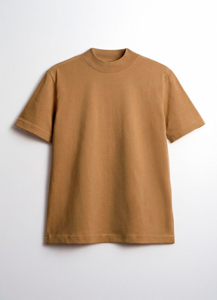 Blusa Bege Caramelo Manga Curta Gola Alta Algodão Premium Sob - Imagem 3