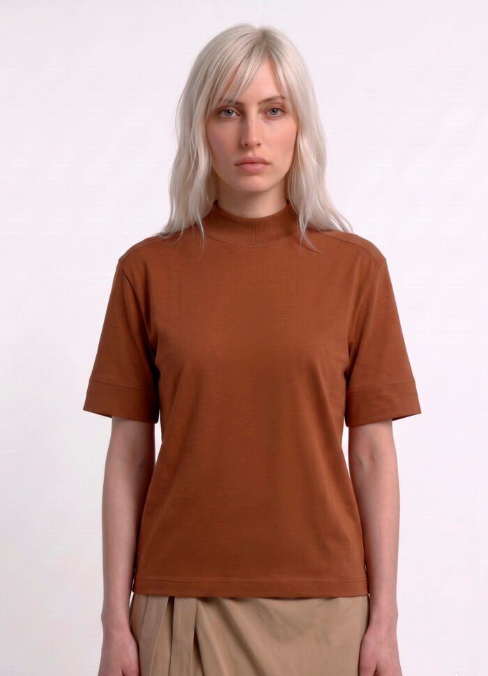 Blusa Marrom Canela Manga Curta Gola Alta Algodão Premium Sob - Imagem 5