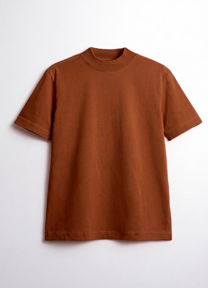Blusa Marrom Canela Manga Curta Gola Alta Algodão Premium Sob - Imagem 3