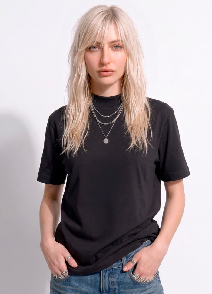 Blusa Preta Manga Curta Gola Alta Algodão Premium Sob - Imagem 2