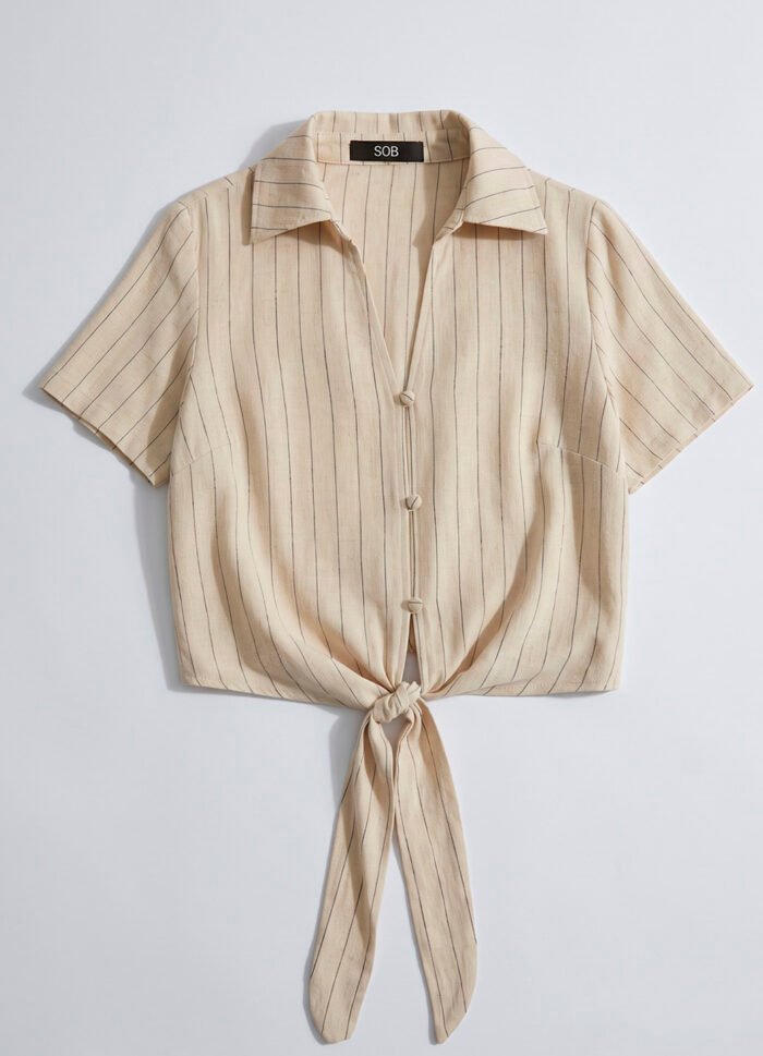 Conjunto de Linho Bege Saia e Camisa Risca de Giz Sob - Imagem 6