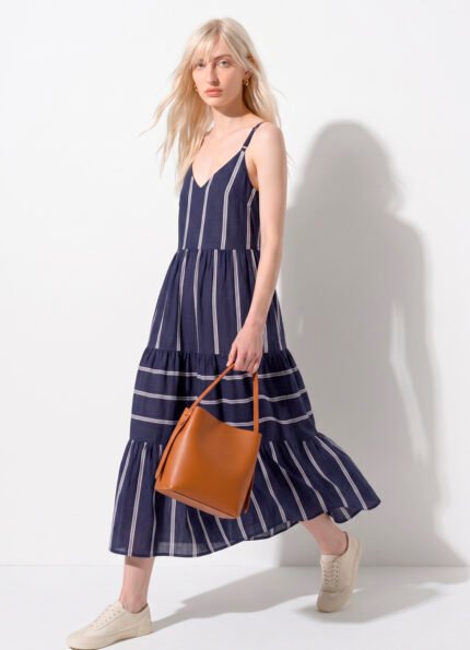 Vestido Longo Marinho Listrado Viscose Solto com Forro Sob