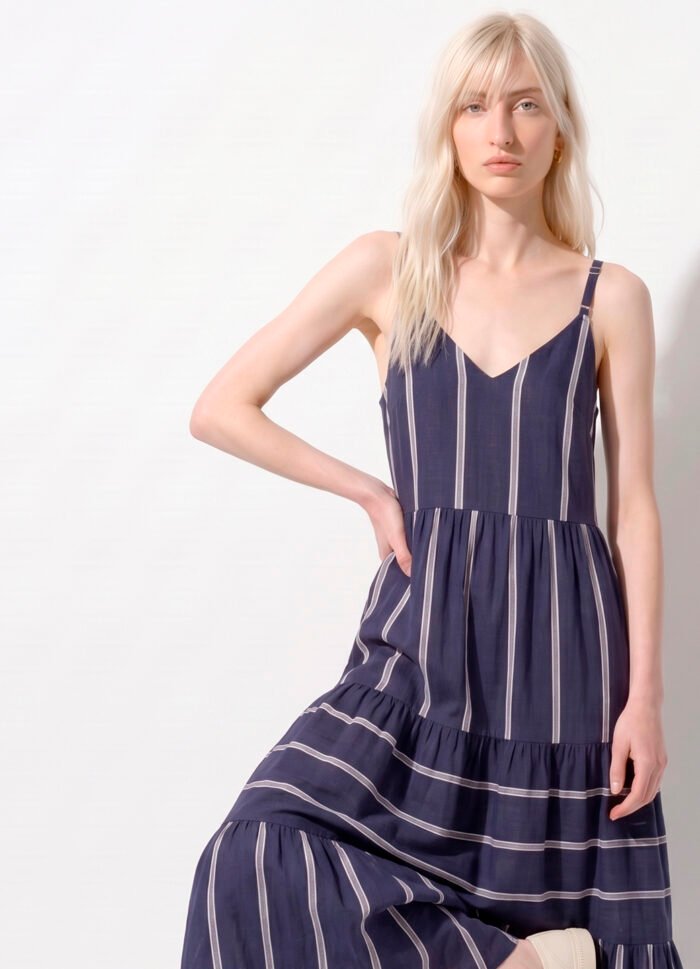 Vestido Longo Marinho Listrado Viscose Solto com Forro Sob - Imagem 2