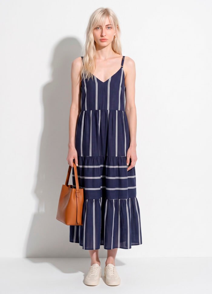 Vestido Longo Marinho Listrado Viscose Solto com Forro Sob - Imagem 5