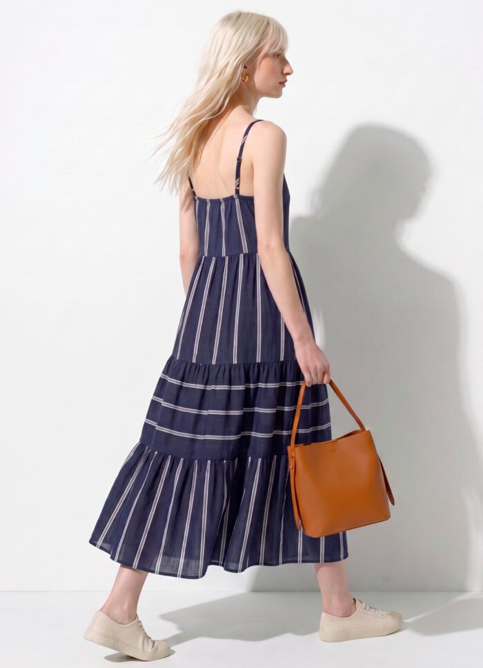 Vestido Longo Marinho Listrado Viscose Solto com Forro Sob - Imagem 4
