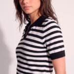 Polo Feminina Preta Listrada Branca Tricô Modal Viscose Sob