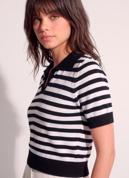 Polo Feminina Preta Listrada Branca Tricô Modal Viscose Sob