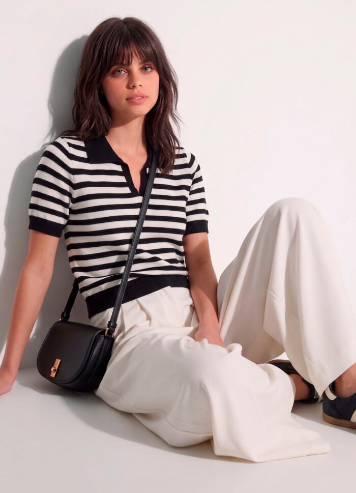 Polo Feminina Preta Listrada Branca Tricô Modal Viscose Sob - Imagem 2