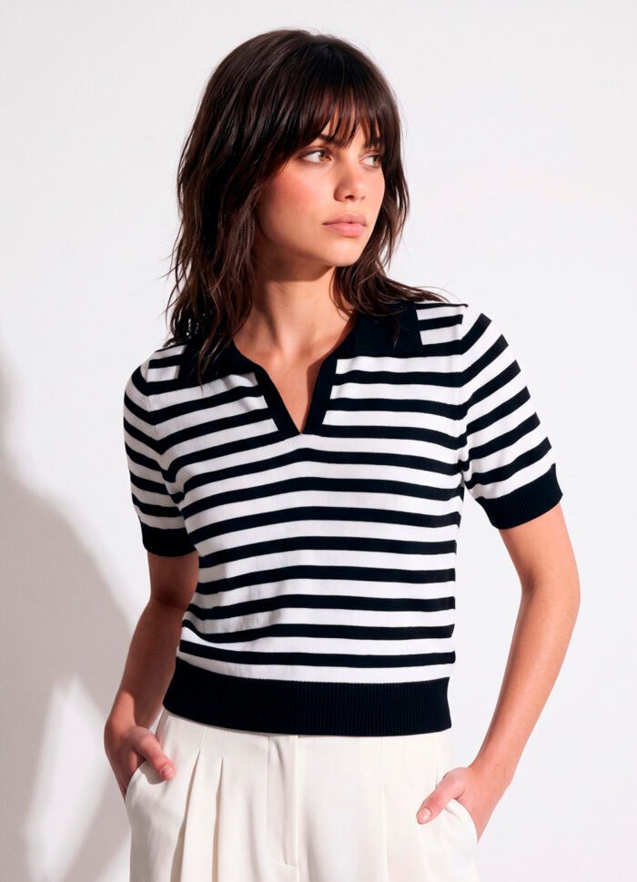 Polo Feminina Preta Listrada Branca Tricô Modal Viscose Sob - Imagem 3