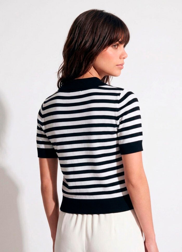 Polo Feminina Preta Listrada Branca Tricô Modal Viscose Sob - Imagem 4