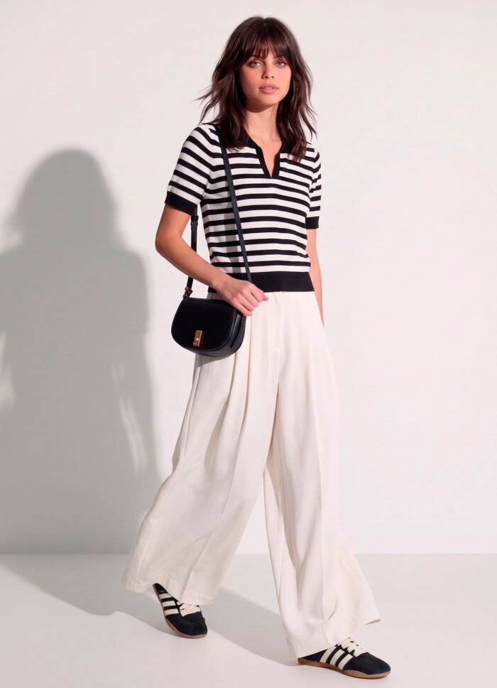 Polo Feminina Preta Listrada Branca Tricô Modal Viscose Sob - Imagem 5