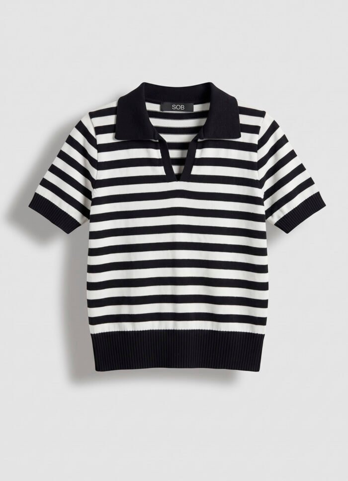 Polo Feminina Preta Listrada Branca Tricô Modal Viscose Sob - Imagem 6