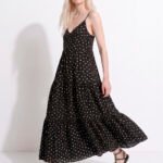 Vestido Longo Preto de Bolinhas Brancas Viscose Solto com Forro Sob