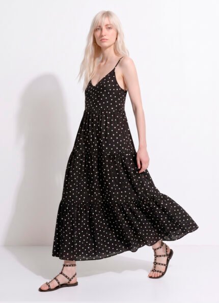 Vestido Longo Preto de Bolinhas Brancas Viscose Solto com Forro Sob