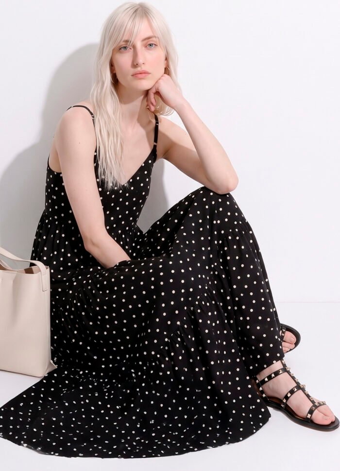 Vestido Longo Preto de Bolinhas Brancas Viscose Solto com Forro Sob - Imagem 2