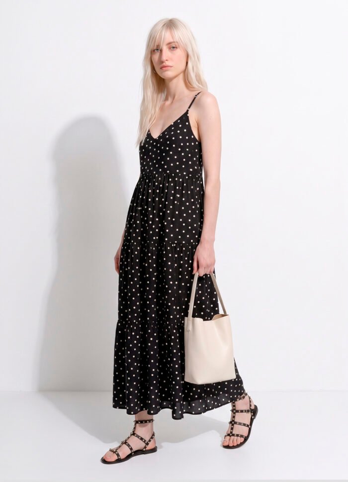 Vestido Longo Preto de Bolinhas Brancas Viscose Solto com Forro Sob - Imagem 3