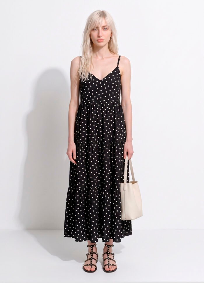 Vestido Longo Preto de Bolinhas Brancas Viscose Solto com Forro Sob - Imagem 4