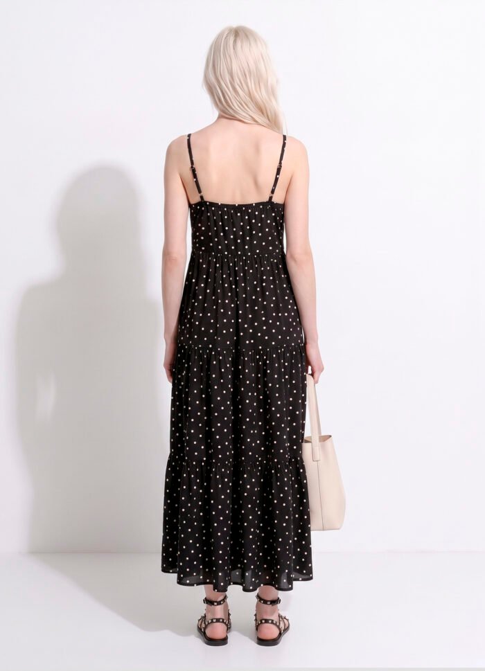 Vestido Longo Preto de Bolinhas Brancas Viscose Solto com Forro Sob - Imagem 5