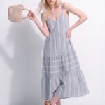 Vestido Longo Azul Claro Listrado Viscose Solto com Forro Sob