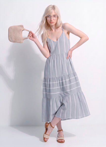 Vestido Longo Azul Claro Listrado Viscose Solto com Forro Sob