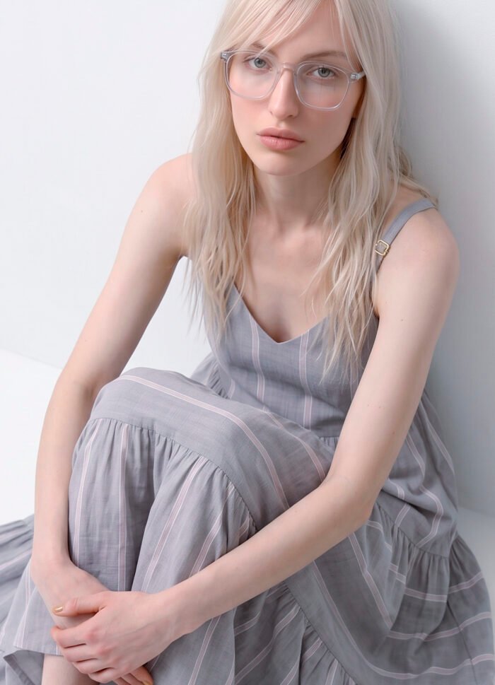 Vestido Longo Azul Claro Listrado Viscose Solto com Forro Sob - Imagem 3