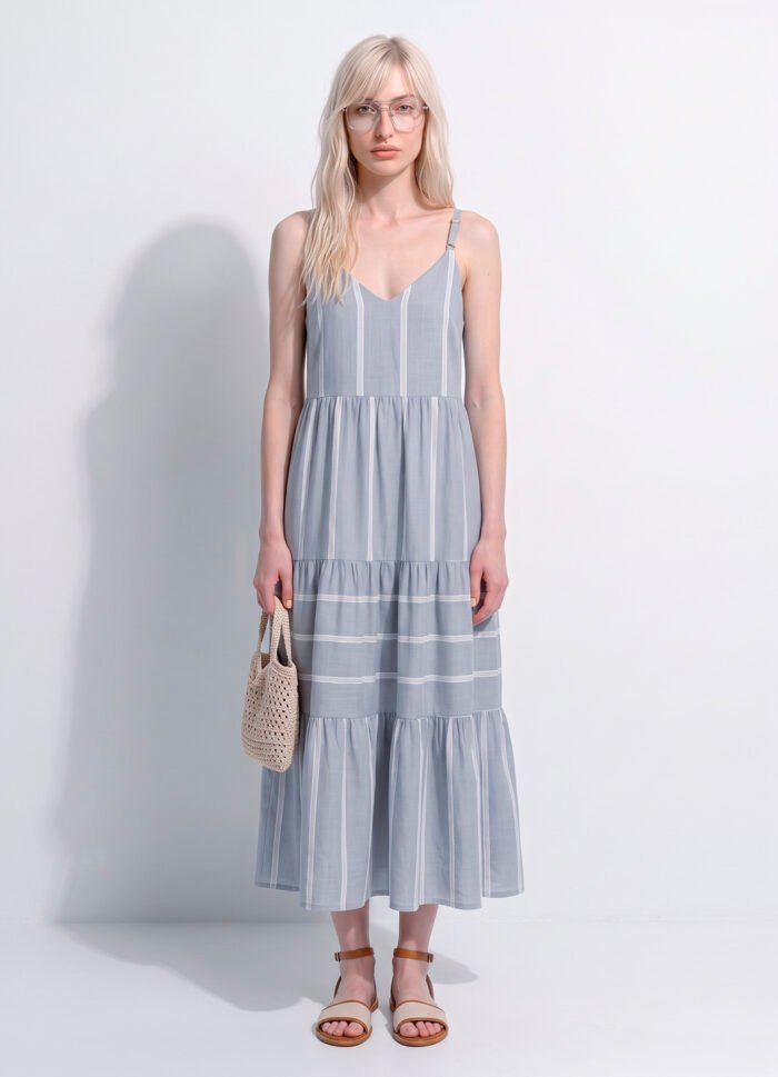 Vestido Longo Azul Claro Listrado Viscose Solto com Forro Sob - Imagem 4