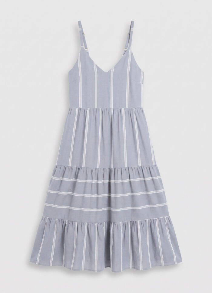 Vestido Longo Azul Claro Listrado Viscose Solto com Forro Sob - Imagem 6