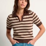 Polo Feminina Marrom Listrada Bege Tricô Modal Viscose Sob