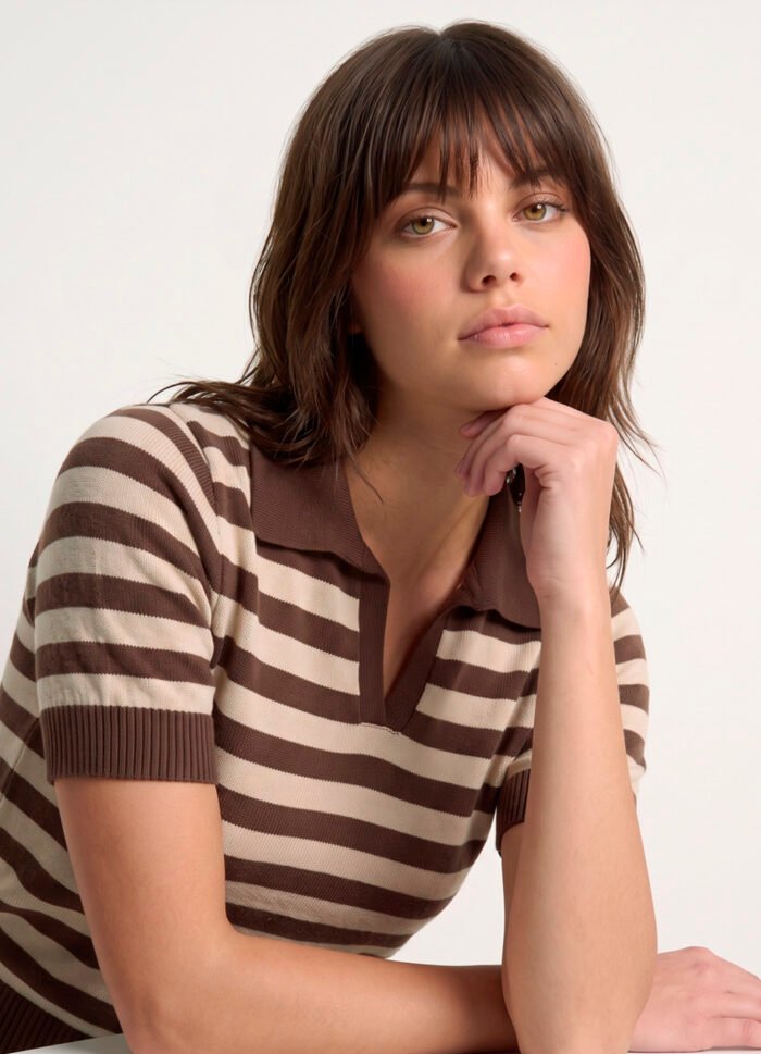 Polo Feminina Marrom Listrada Bege Tricô Modal Viscose Sob - Imagem 2