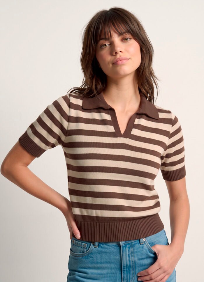 Polo Feminina Marrom Listrada Bege Tricô Modal Viscose Sob - Imagem 3