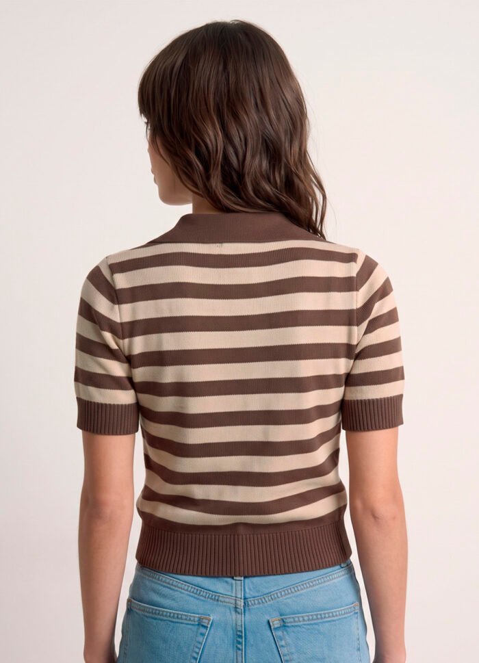 Polo Feminina Marrom Listrada Bege Tricô Modal Viscose Sob - Imagem 4