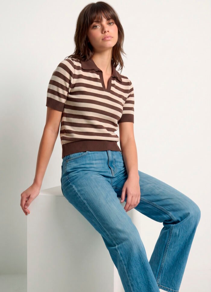 Polo Feminina Marrom Listrada Bege Tricô Modal Viscose Sob - Imagem 5