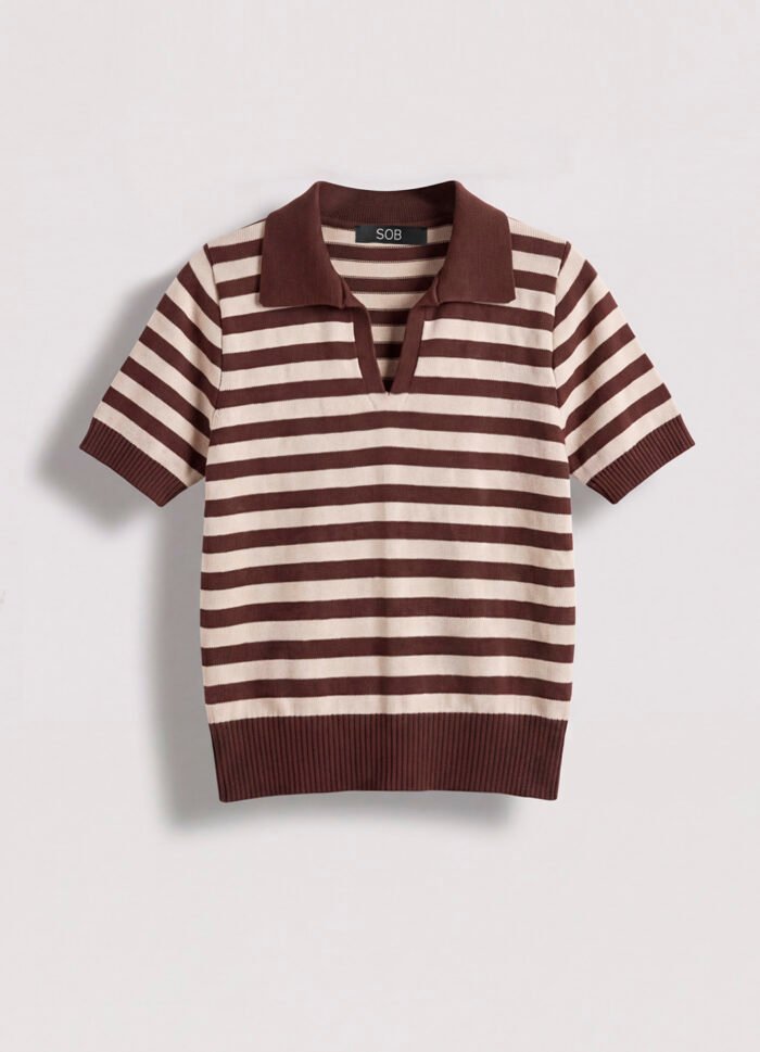 Polo Feminina Marrom Listrada Bege Tricô Modal Viscose Sob - Imagem 6
