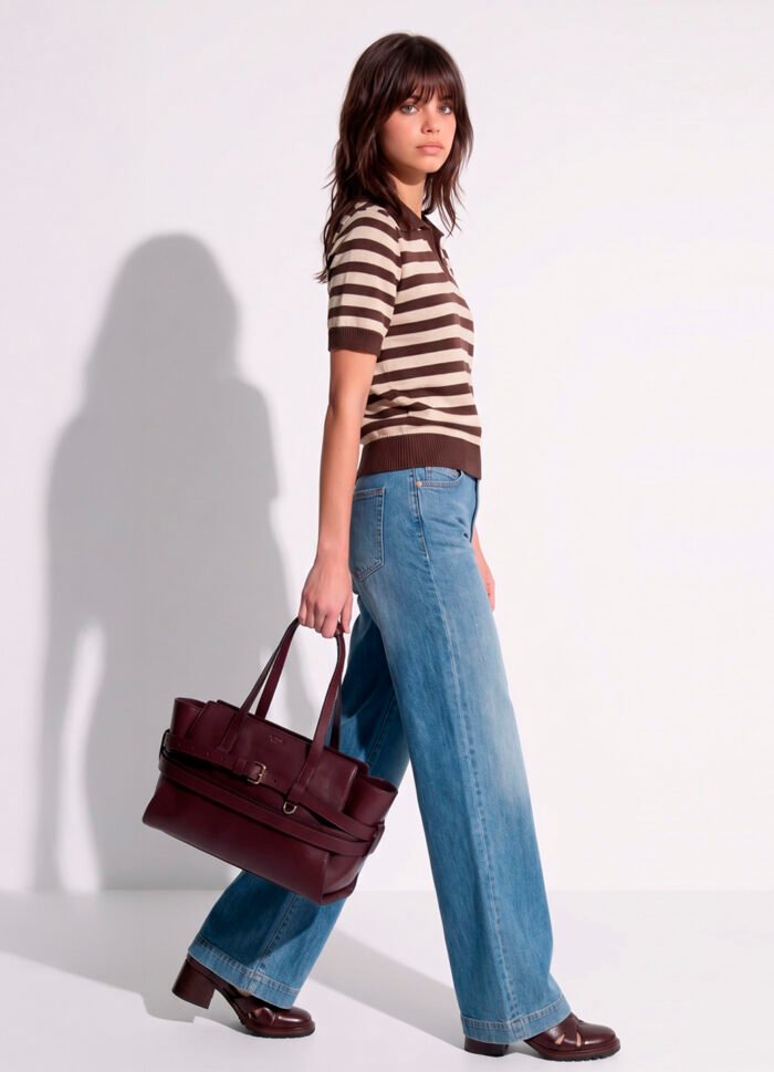 Polo Feminina Marrom Listrada Bege Tricô Modal Viscose Sob - Imagem 8