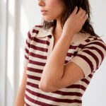 Polo Feminina Bege Listrada Vinho Tricô Modal Viscose Sob