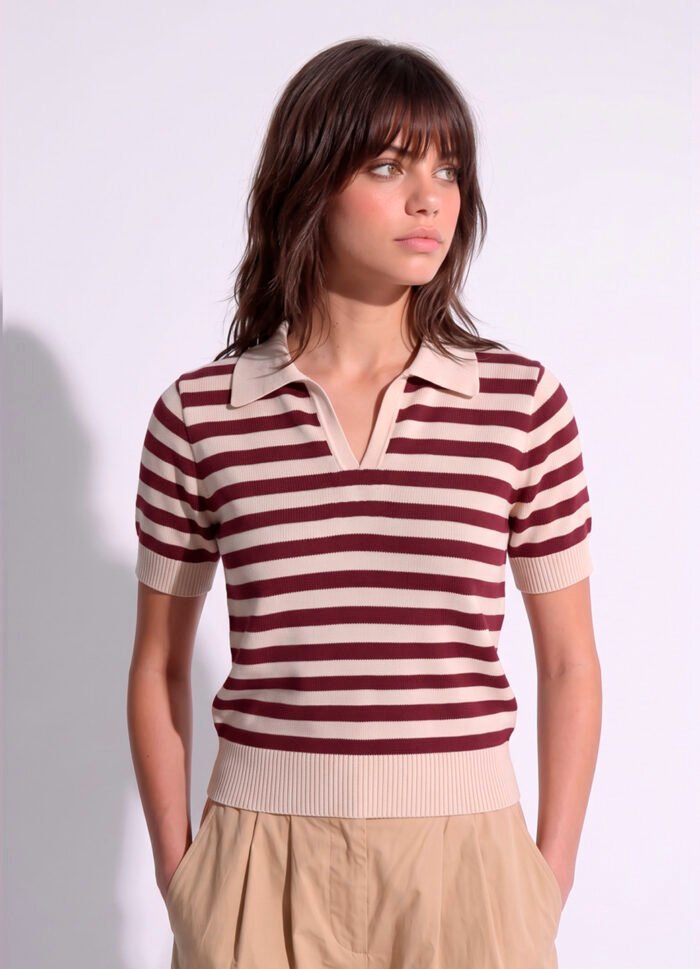 Polo Feminina Bege Listrada Vinho Tricô Modal Viscose Sob - Imagem 2