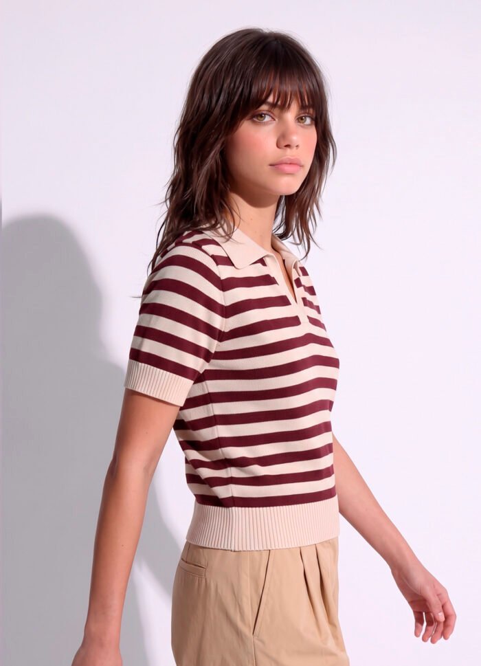 Polo Feminina Bege Listrada Vinho Tricô Modal Viscose Sob - Imagem 3