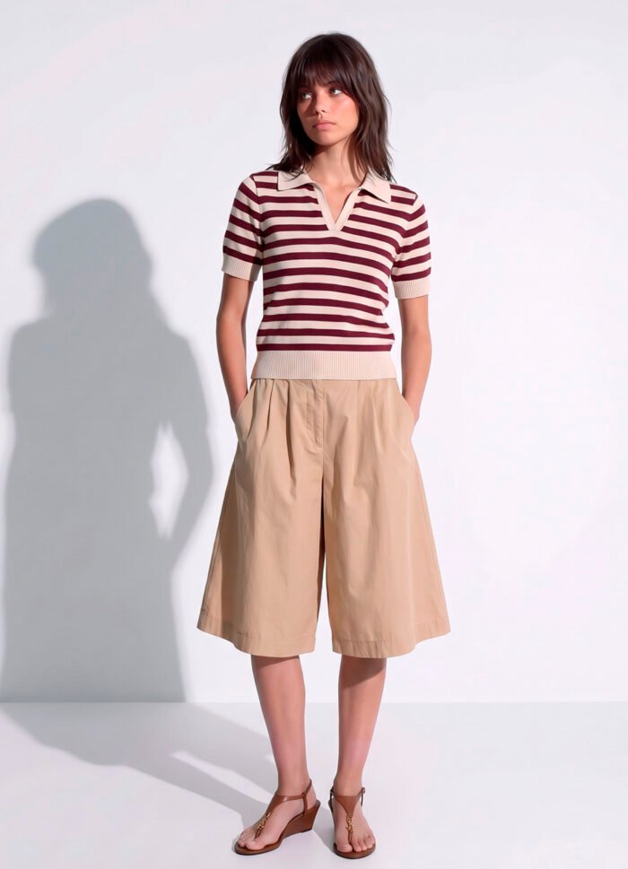 Polo Feminina Bege Listrada Vinho Tricô Modal Viscose Sob - Imagem 5
