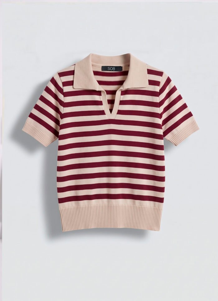 Polo Feminina Bege Listrada Vinho Tricô Modal Viscose Sob - Imagem 6