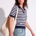 Polo Feminina Marinho Listrada Branco emTricô Modal Viscose Sob