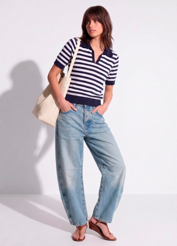 Polo Feminina Marinho Listrada Branco emTricô Modal Viscose Sob - Imagem 2