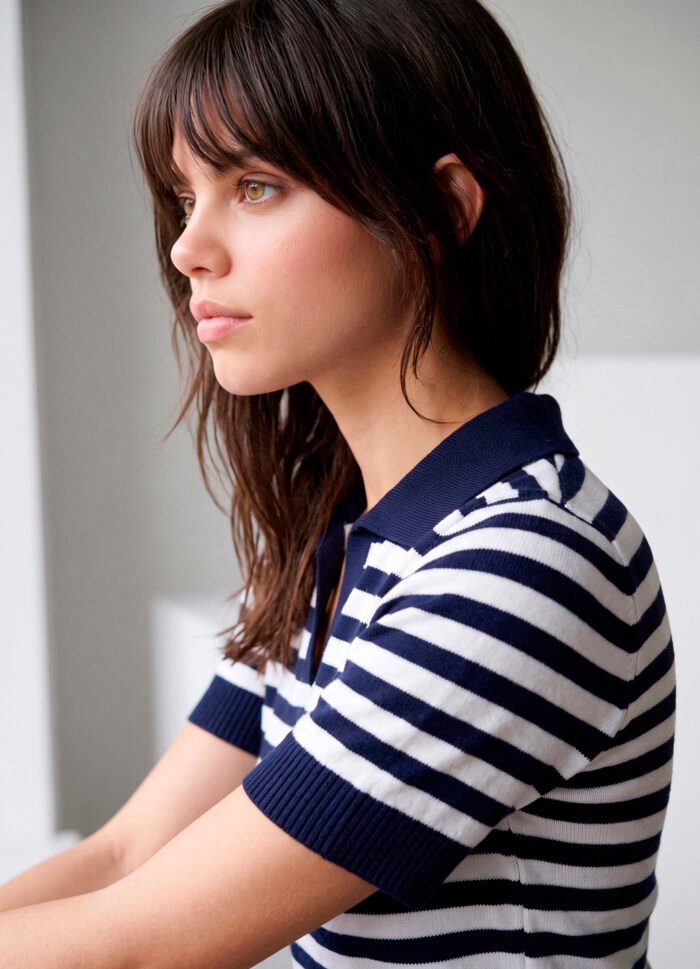 Polo Feminina Marinho Listrada Branco emTricô Modal Viscose Sob - Imagem 3