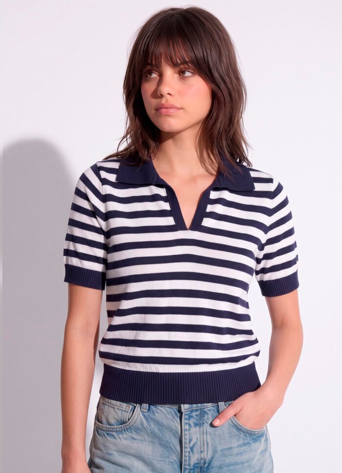 Polo Feminina Marinho Listrada Branco emTricô Modal Viscose Sob - Imagem 4